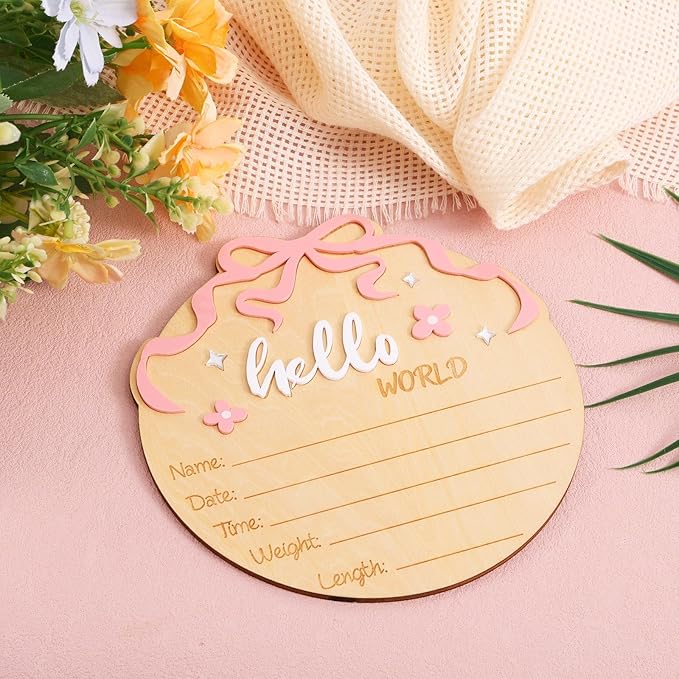 Hello World Newborn Sign, Wooden Pink Bow and Flower Baby Birth Announcement Board Newborn Welcome Sign for Nursery Home Hospital Decor Photo Props