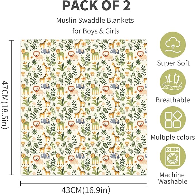 Baby Muslin Swaddle Blankets,2 Pack Receiving Blanket Baby Girl & boy,Large47 x 43 inches,Soft & Skin Friendly Swaddle Blanket Wrap(Animals)