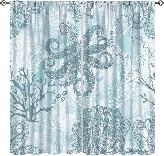 Coastal Window Curtains,Nautical Beach Themed Thermal Insulating Blackout Curtain for Living Room, Bedroom Set 2 Panels,84x84 Inches