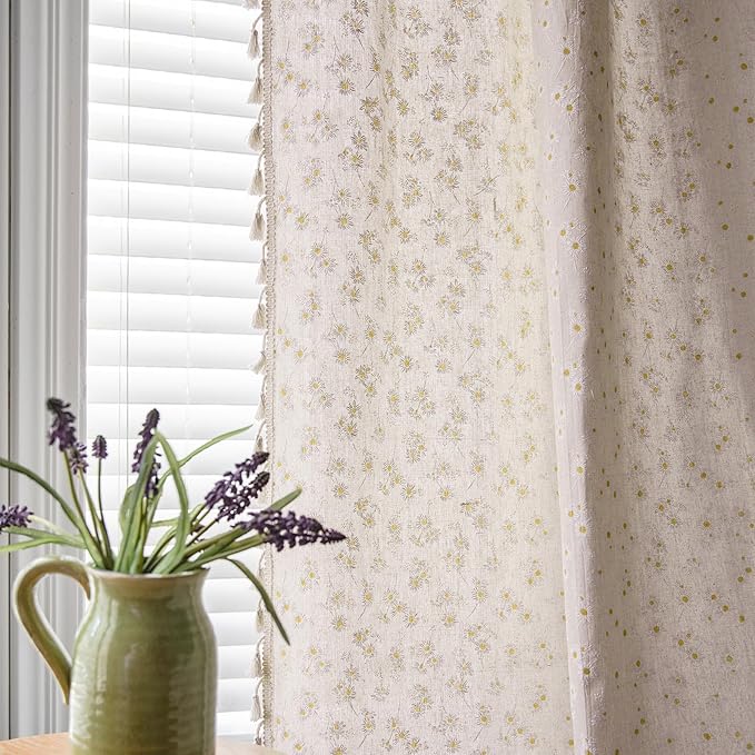 ENJOYBRIDAL Floral Curtains 84 Inch Length 2 Panels Tassel Drapes Rod Pocket Semi-Sheer Boho Daisy Bedroom Living Room Farmhouse Rustic Bohemian Window Curtain Panels
