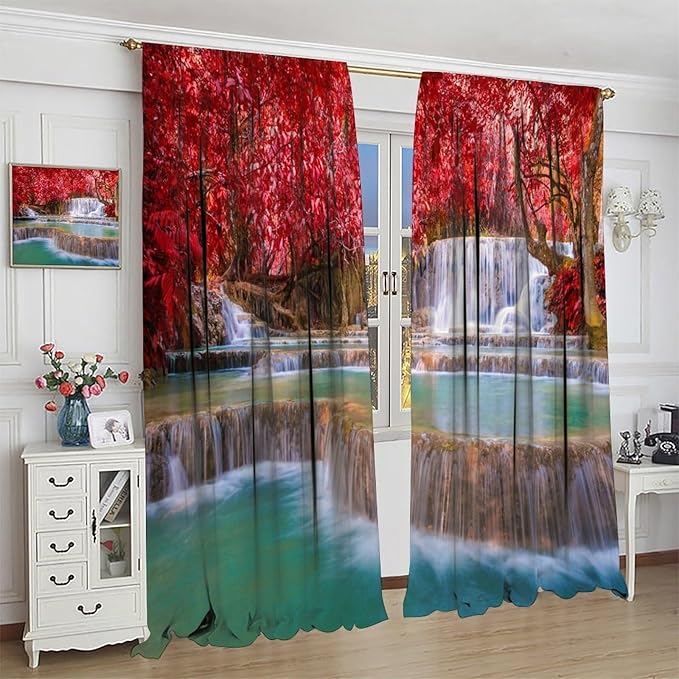 Natural Landscape Waterfall Blackout Curtains, Scenic View Waterfall Forest Autumn Window Drapes, for Bedroom Living Room 42" W X 63" L