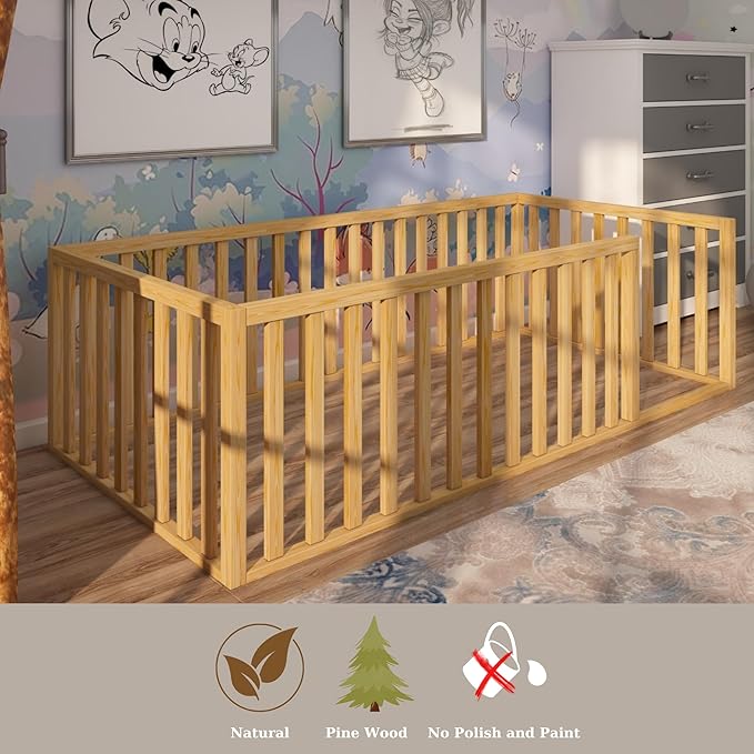 Montessori Floor Bed for Kids | Toodlers Floor Bed with Safety Guardrails | Pine Wood Baby Bed | Sturdy Wood Frame Bed for Girls and Boys (Queen, Height : 17 Inches)