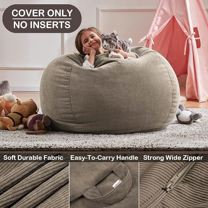 Nobildonna Bean Bag Chair Cover (No Filler) for Kids and Adults,Beanbag Stuffed Animal Storage Without Filling Plush Toys Holder and Organizer Soft Premium Corduroy 200L (Light Brown)
