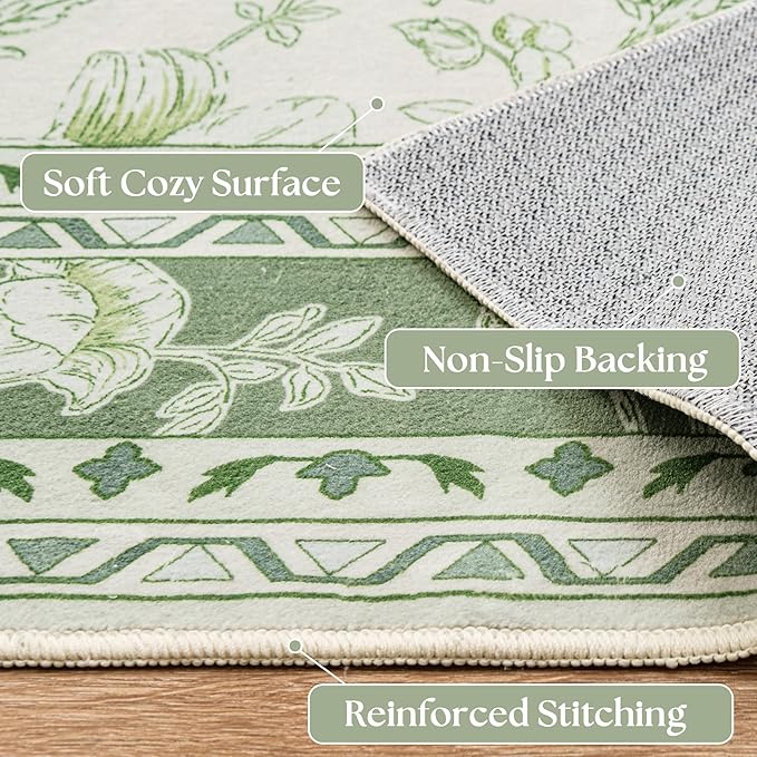 Sage Green Floral 5x7 Area Rug Vintage Boho Washable Printed Rug for Living Room Non-Slip Soft Bedroom Cottagecore Farmhouse Carpet for Dining Room Nursery Light Green and Cream Beige Sketch Style