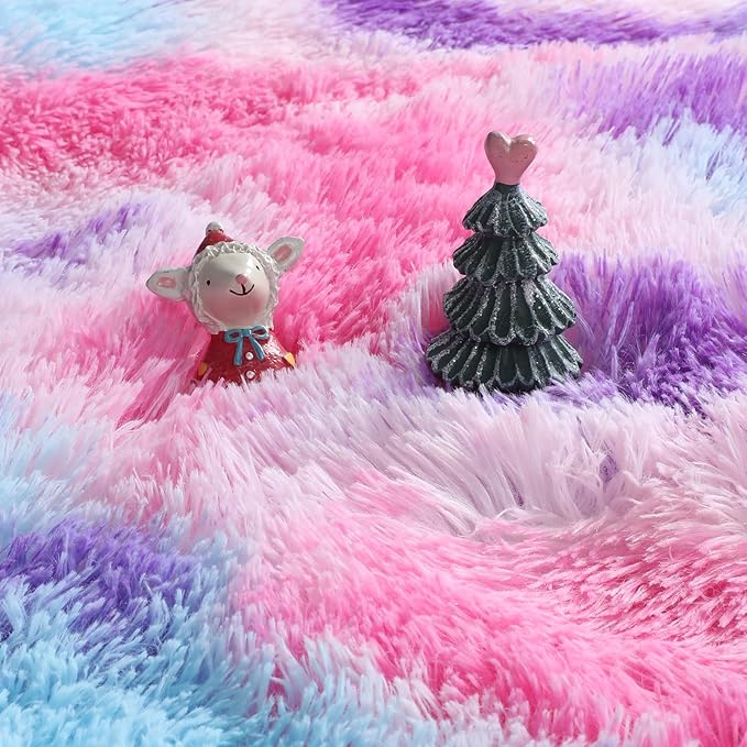 Amdrebio Hot Pink Rainbow Round Circle Area Rug 6Ft for Girls Bedroom, Large Fluffy Cute Fuzzy Colorful Pastel Kids Rugs for Nursery Playroom Classroom, Shag Princess Carpet for Baby Toddler Teen