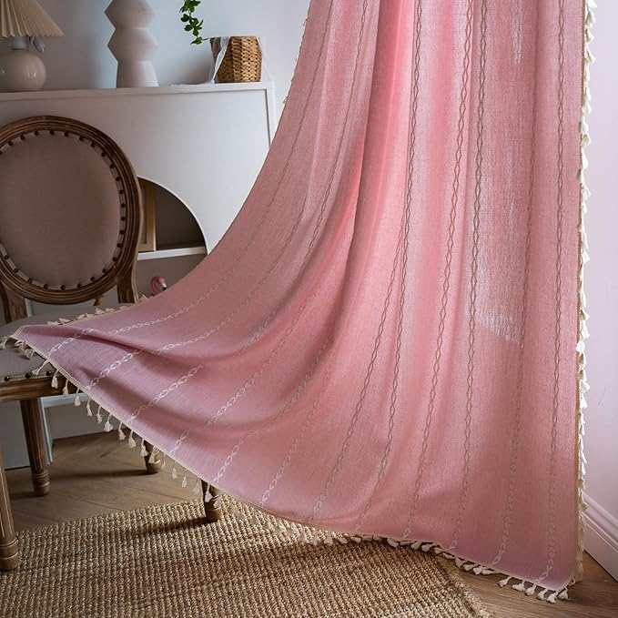 Deeprove Pink Boho Curtains 63 inches Length for Baby Girl Bedroom Nursery, Vintage Bohemian 63 inches Long Embroidery Farmhouse Light Filter Country Tassel Window Treatments, W52 x L63, 1 Panel