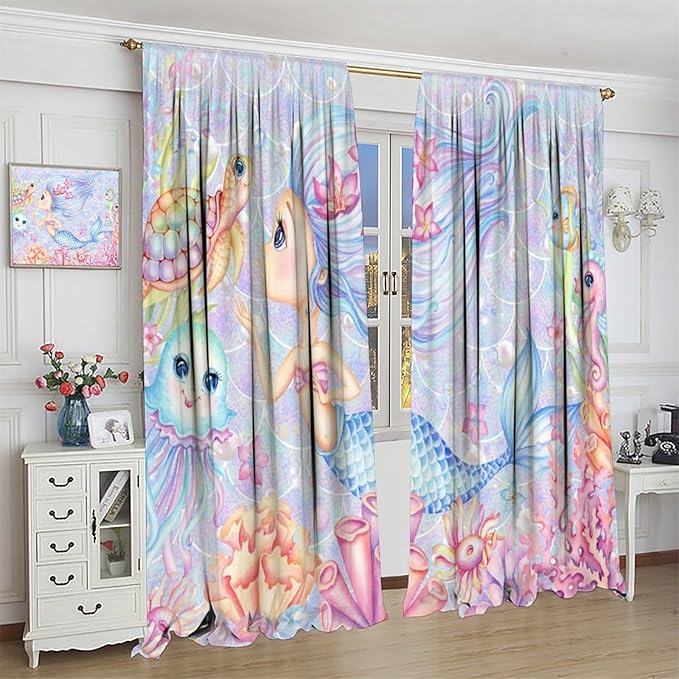 Mermaid Curtains for Girls Children Pink Sea Animal Mermaid Coral Bedroom Curtains for Living Room Room 42x44 Inch