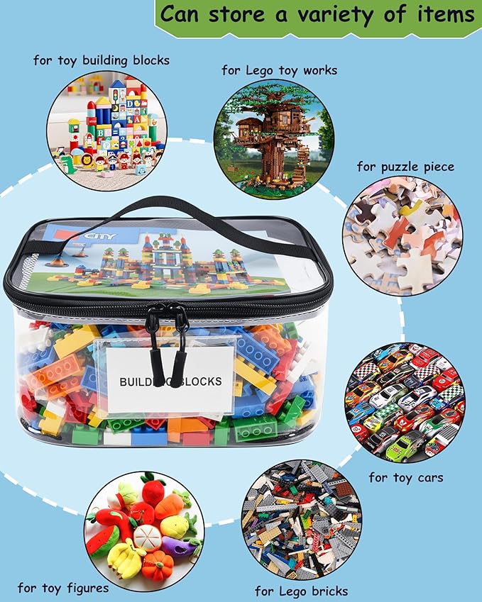6 Pack Clear Toy Storage Bags with Tag and Manual Pocket – Versatile Waterproof Organizer Bags for Lego Bricks, Board Games, Building Blocks, Puzzles, Dolls, Books (Large Size, Black)
