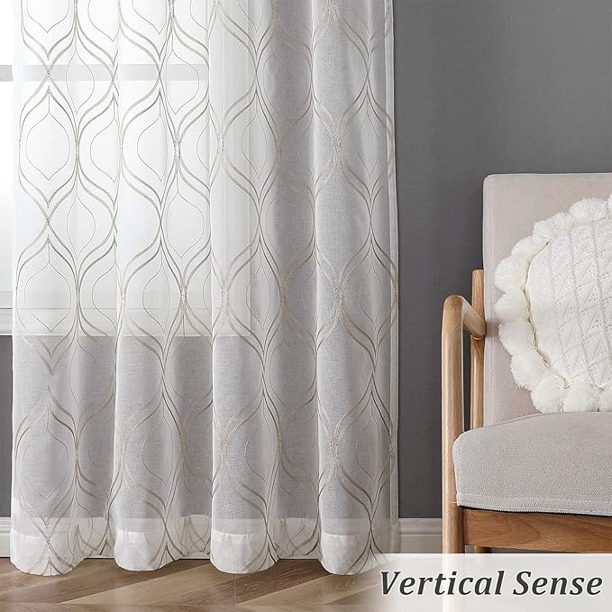 VISIONTEX White Sheer Curtains 54 Inch Length 2 Panels Set Brown Moroccan Embroidered Curtains Trellis French Textured Rod Pocket Voile Tulle Semi Window Drapes for Bedroom Living Room 54 x 54 Inches