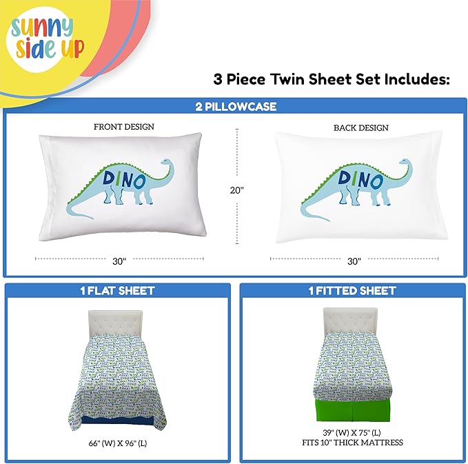 Sunny Side Up Dino Roar Twin Sheet Set - 3 Piece Kids Bedding Set Includes Pillow Cover – Super Soft Dinosaur Microfiber Sheets