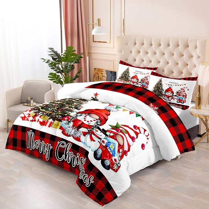 LUVIVIHOME 2PCS Merry Christmas Comforter Set Twin Size, Funny Cute Gnome Bedding, Red & Black Plaid Snowflake Snowman Xmas Christmas Bedroom Decor for Kids Girls Boys Teens White Quilt, 1 Pillow Case
