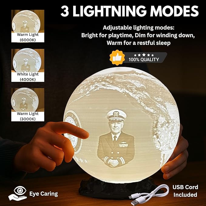 Personalized U.S. Navy Moon Lamp with Custom Photo & Text - Custom Army Moon Night Light with U.S. Navy Logo - Gift for Sailors, Veterans, Soldiers & Military Families