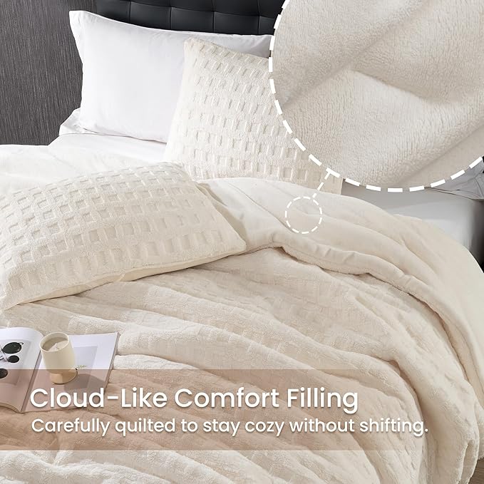 Amélie Home Waffle Comforter Queen Set, Beige Fluffy Fleece Bed Set, Super Warm Fluffy Plush Bedding Set for Winter, 3 Pieces,1 Cozy Comforter and 2 Pillowcases