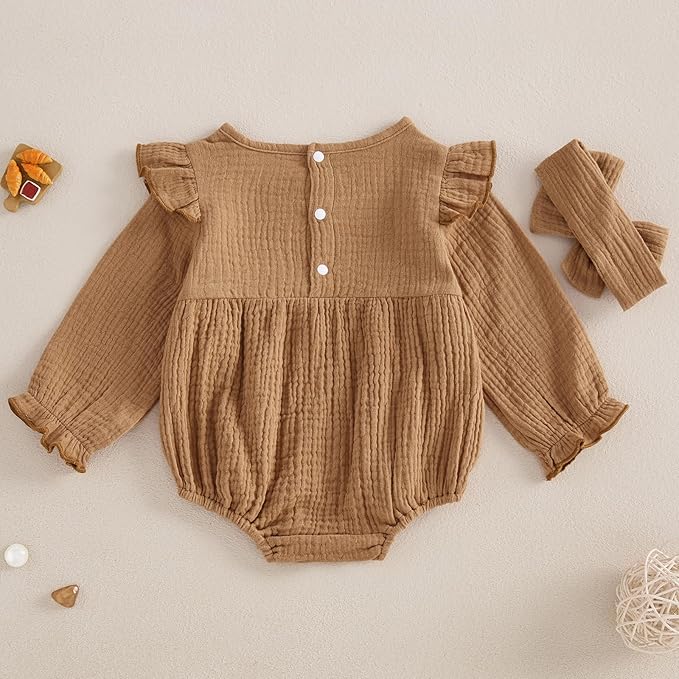 Newborn Infant Baby Girl Clothes Cotton Linen Long Sleeve Smocked Bubble Romper Ruffle Bodysuit Jumpsuit Fall Outfit