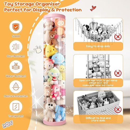 2 Pack Stuffed Animal Storage Tube - Clear 60 inch Large Vertical Toy Organizer, PET Transparent Display Holder for Plushies, Kids Stuffed Animals Zoo for Playroom, Living Room, Bedroom (Pink+Blue)