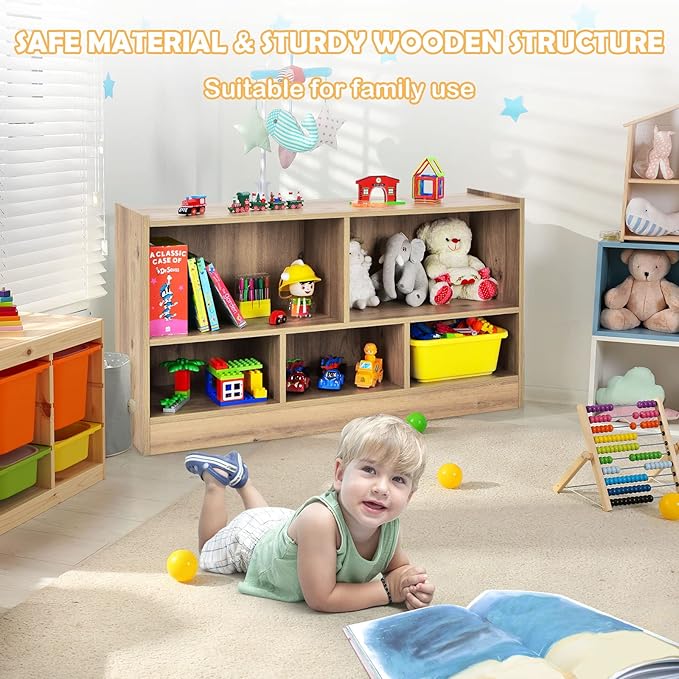 Costzon Toy Storage Organizer for Kids, 5-Section School Classroom Storage for Organizing Books Toys, Wooden Kids Bookshelf Daycare Furniture for Preschool, Playroom, Nursery, Kindergarten (Natural)