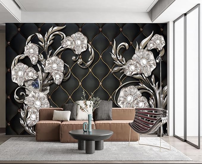 Black Hard Wrapped Pearl Embossed Flowers Wall Mural Wallpaper for Bedroom 103" x 69"