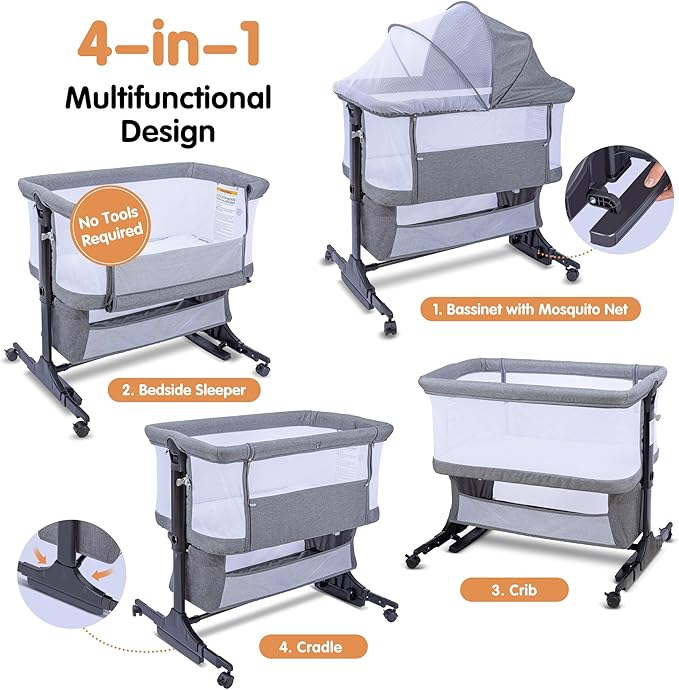 Bedside Bassinet, 3-in-1 Baby Bassinet Bedside Sleeper with Mosquito Net, Adjustable Height, Portable Baby Crib with Wheels, Breathable Mesh & Storage Basket
