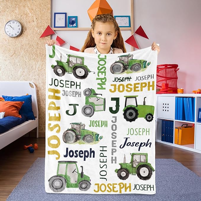 Personalized Tractor Truck Blanket for Boys Girls with Name, Custom Name Blanket Construction Trucks Car, Soft Flannel Teen Blankets Customized Gift for Birthday Christmas-50x60in