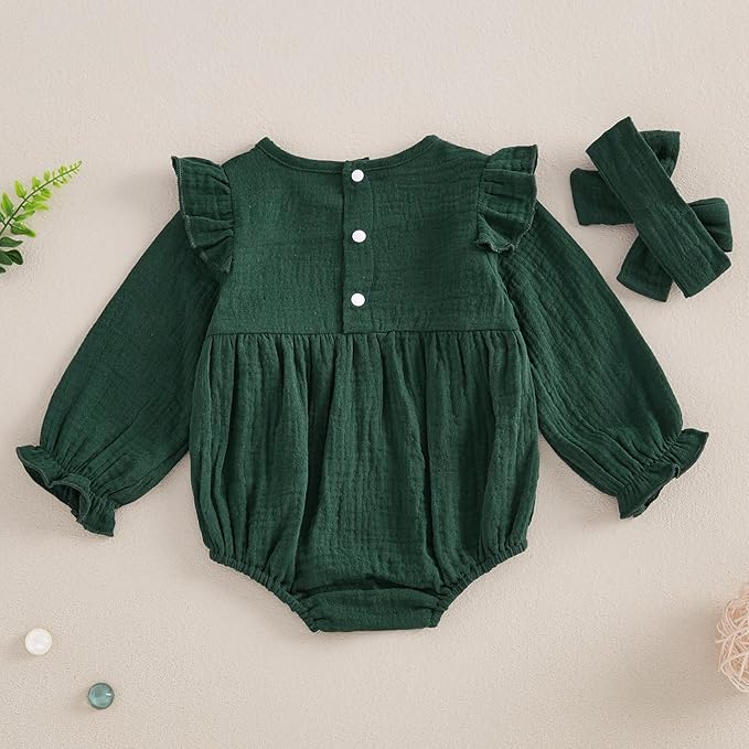Newborn Infant Baby Girl Clothes Cotton Linen Long Sleeve Smocked Bubble Romper Ruffle Bodysuit Jumpsuit Fall Outfit