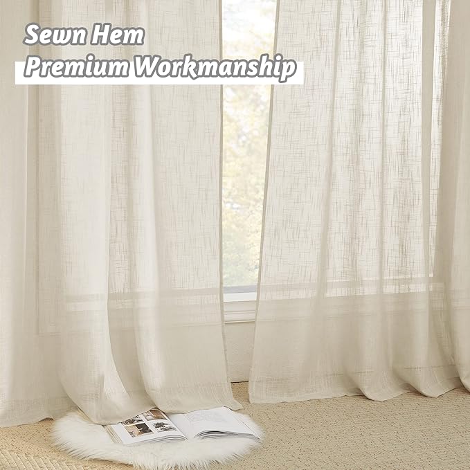 RYB HOME Sheer Curtains 96 inches Long, Linen Textured Semi Sheer Farmhouse Curtains Sunlight Filtering Airy Window Treatment for Bedroom Living Room, W 52 x L 96 inch, 2 Panels, Warm Beige