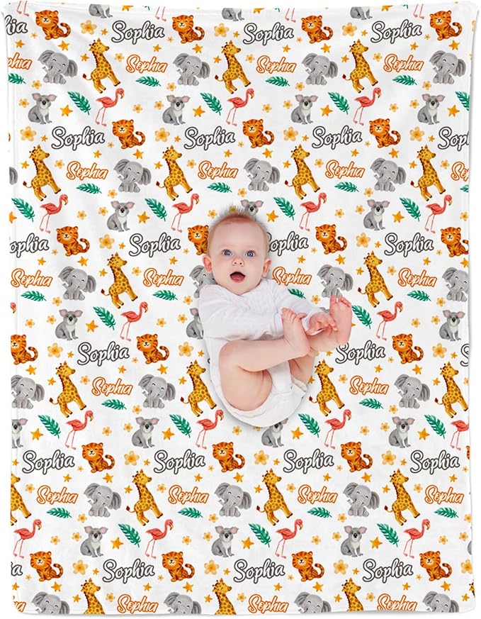 Custom Safari Animals Blanket Gift, Personalized Baby Blanket with Name, Soft Plush Flannel/Sherpa Fleece Throw Blankets for Toddler Kid Teen Boys Girls Color05