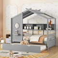Twin Bed Frames for Kids, House Bed with Trundle and Shelves, Wood Playhouse Platform Bed Frame with Window and Fence for Boys Girls, Gray, 74.4" L x 42.7" W x 72" H