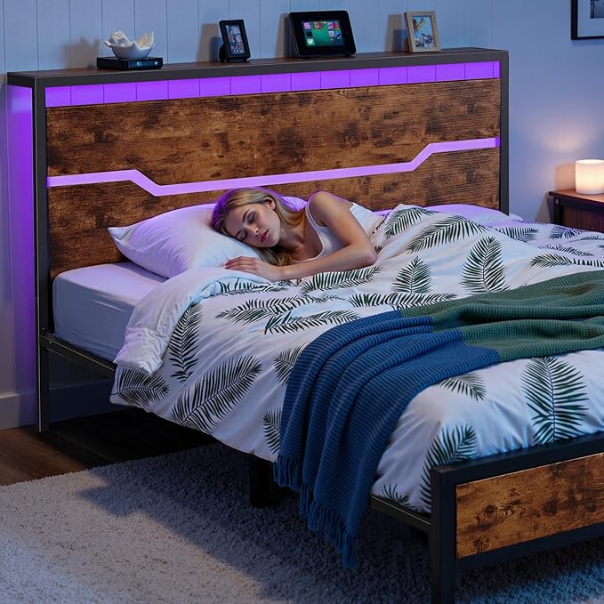 Queen Bed Frame with LED Lights & Charging Station, Bed Frame Queen Size with Headboard,13" Under Bed Storage, Noise-Free Heavy Duty Metal Support, Modern Brown
