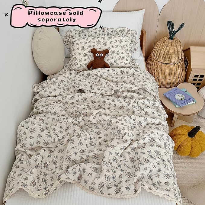 BuLuTu Cottagecore Floral Toddler Bed Blanket Muslin Cotton Quilt, Vintage Princess Girls Comforter, Lace Edged Farmhouse Bedding Kids Room Nursery Decor, 60"x78", Balloon Flower Print