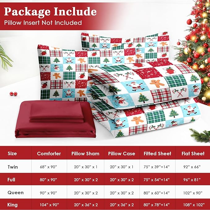 7 Pcs Full Size Christmas Comforter Set with 2 Pillowcases & 2 Shams, Colorful Plaid Snowman Bedding for Kids and Adults, Cute Gingerbread Man Bed in a Bag with Flat Fitted Sheet
