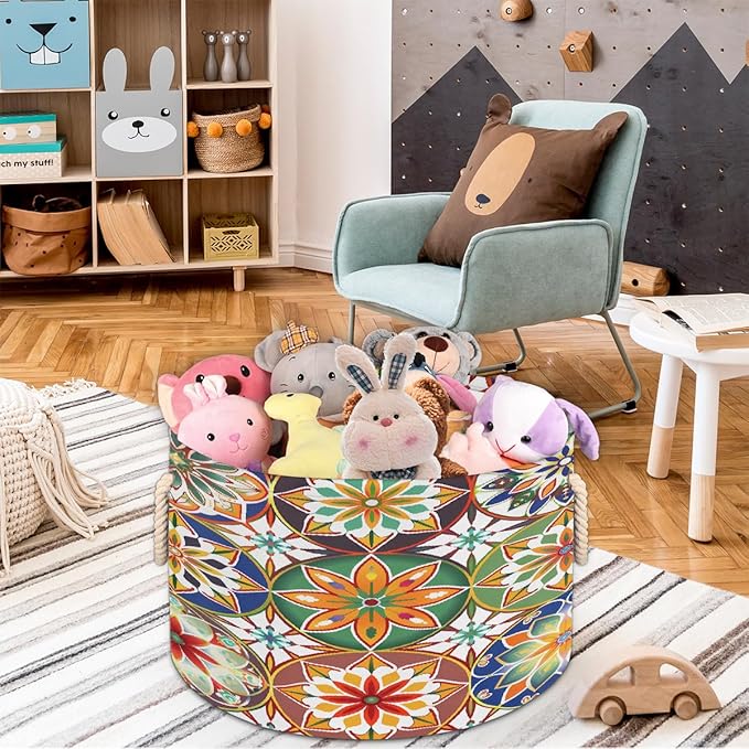 Colorful Geometric Mandala Round Storage Basket for Laundry & Toys, Lightweight Fabric Laundry Hamper with Handles, Foldable Large Organizer Bin for Bedroom Bathroom Nursery Dorm