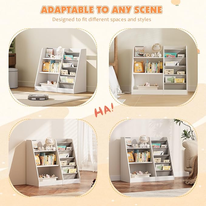 NACHES 3 Tier Kid Bookshelf Wooden 4 Sling Children Bookcase Toddler Adjustable Book Rack Display Toy Storage Organizer Book Display Shelf Classroom Bedroom Nursery Playroom,25inch (White, Small)