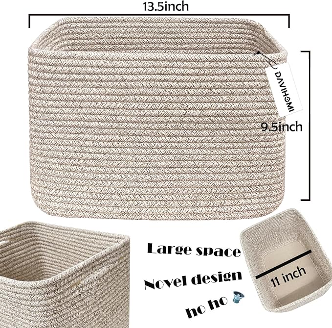 Small Woven Cotton Rope Basket for Organizing, Gift Baskets for Handles, Empty Gift Baskets, Toy Basket for bins|13.5" x 11" x 9.5" home decor for Living Room, Bathroom（All Brown）