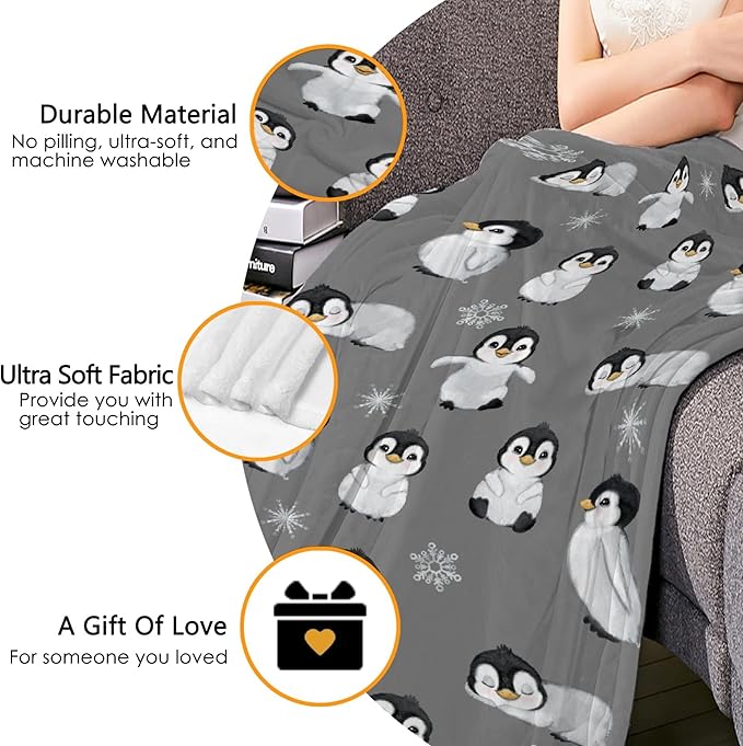 Thuswarm Cute Penguin Grey Flannel Throw Blanket Gifts Warm Cozy Soft Funny Print Blankets for Summer Room Decoration Bed Couch Sofa 40”×30” XSmall for Pets