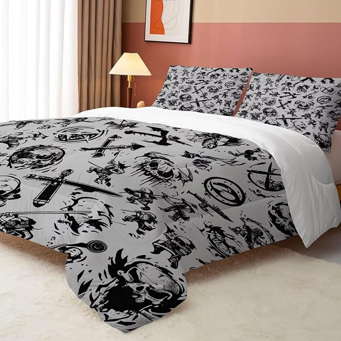 Grey Pirates Comforter Set Queen: Skull Bedding Set for Boys Kids Men Teen Bed Bedroom Dorm Nautical Gaming Samurai Ninjas Quilt 1 Comforter + 2 Pillow Cases