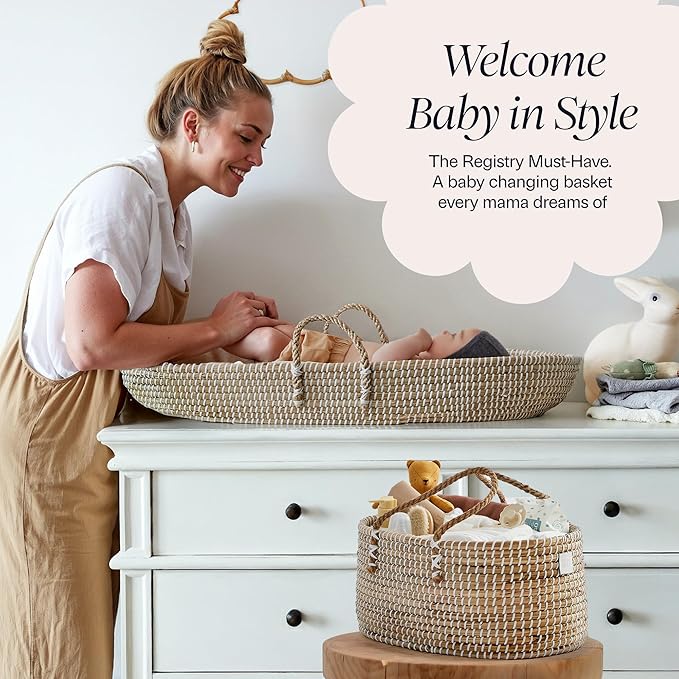 BEBE BASK Premium Baby Changing Basket - Artisan-Crafted Seagrass - Rope Handles - Changing Basket for Baby Dresser - All Accessories Included - Complete Set for Nursery (Natural)