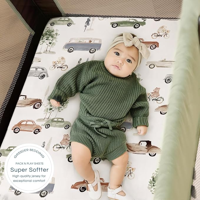 Pack n Play Sheets Fitted 2 Pack, Stretchy Ultra Soft Jersey Knit Pack and Play Sheets, Universal Fitted Portable/Mini Crib Mattresses Snug and Safe, Stylish Cars Print for Boys and Girls