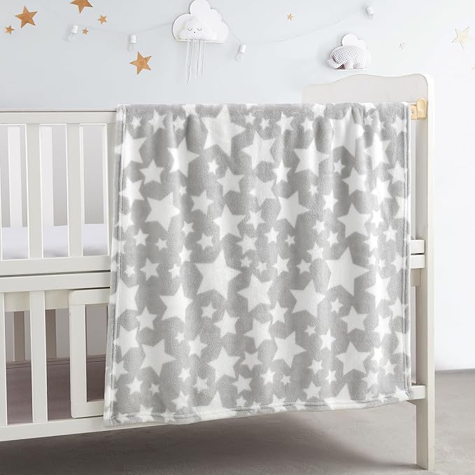 CREVENT 2Pcs 30''X40'' Cute Cozy Fluffy Warm Baby Blankets for Infants Toddlers' Bedding Crib Cot Stroller - Grey Cloud + Star