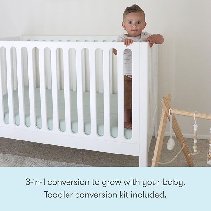 Newton Baby Galileo Standard Crib, Solid Beech Wood in White Color, 3-in-1 Convertible Crib with Toddler Bed Conversion Kit, Ultra-Safe Non-Toxic Finish