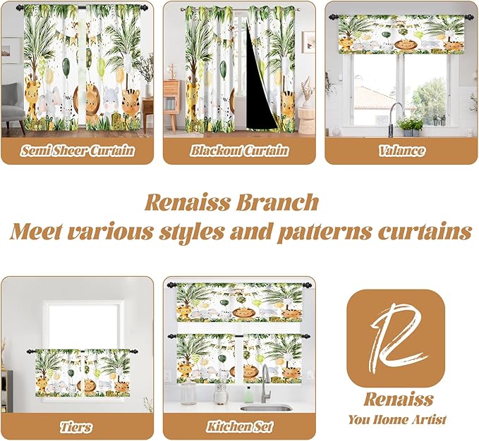Renaiss 42 x 84 Inch Rainforest Safari Animal Curtains African Jungle Tropical Lions Tigers Elephants Giraffes Palm Trees Pattern Polyester Fabric Grommet Window Drapes for Nursery Bedroom 2 Panels