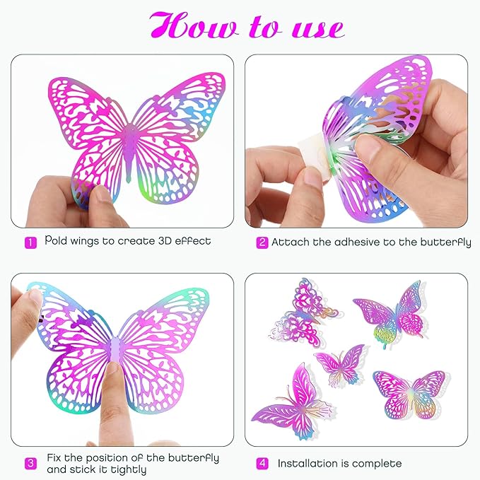 3D Butterfly Wall Decor 3 Sizes 4 Styles Butterfly Party Decorations Cake Decorations Removable Stickers Wall Decor Room Mural Metallic Kids (Laser Pink Purple, 48Pcs)