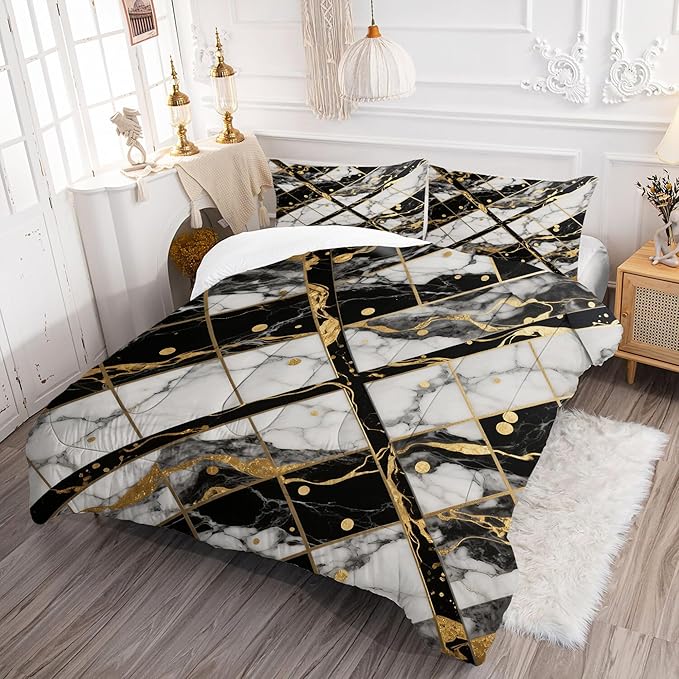 Black White and Gold Comforter: King Size Geometric Marble Bedding Sets Abstract Art Gold Lines Marbling Quilts for Teens Adults 3PC Soft Lightweight Bed Set for All Season