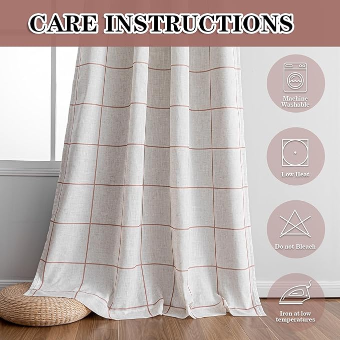 MYSKY HOME 100% Blackout Plaid Farmhouse Linen Curtains 90 Inch Long 2 Panels Set for Living Room Double Layer Checkered Drapes Thermal Insulated Privacy Protection Rod Pocket Back Tab, 52" W, Tan