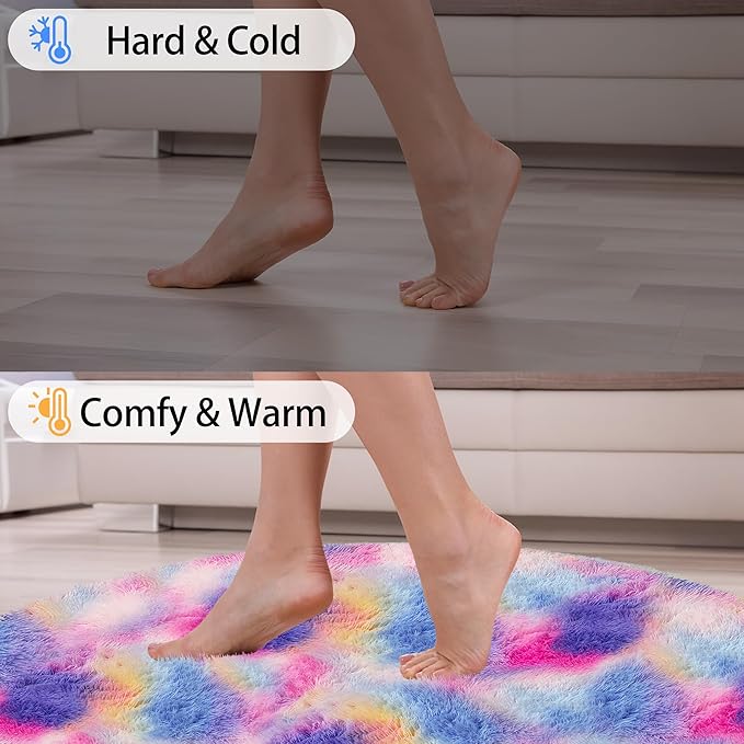 5 ft Soft Rainbow Rug for Girls Room, Fluffy Shaggy Princess Circular Big Rug Colorful Carpet for Kids Teens Toddler Playroom Nursery Reading Nook, Home Decor，Hot Pink