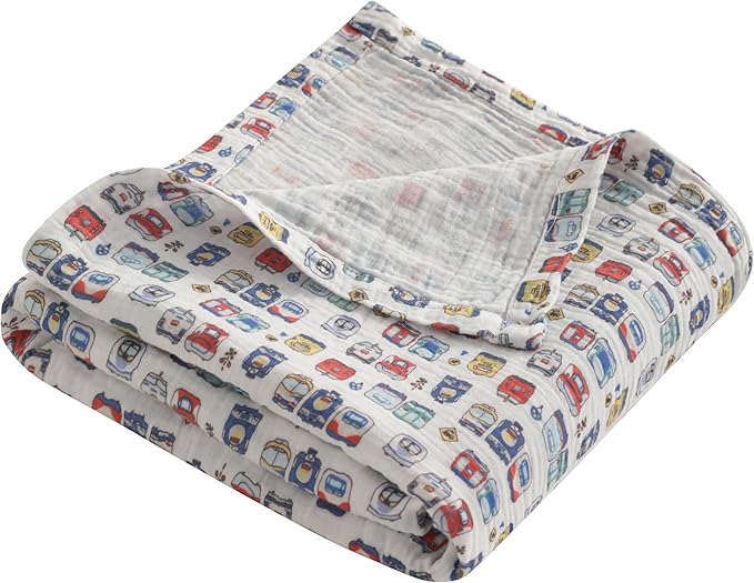 NTBAY 2 Layer Muslin Cotton Baby Swaddle Blanket, 30x40 Soft and Breathable Receiving for Newborns and Infants, Perfect for Crib, Stroller, Travel, Lightweight Nursery Blanket, Cartoon Train