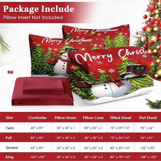 5 Pcs Twin Size Christmas Comforter Set with Pillowcase & Sham, Red Cartoon Snowman Bedding for Kids and Adults, Funny Xmas Pine Forest Bed in a Bag with Flat Fitted Sheet