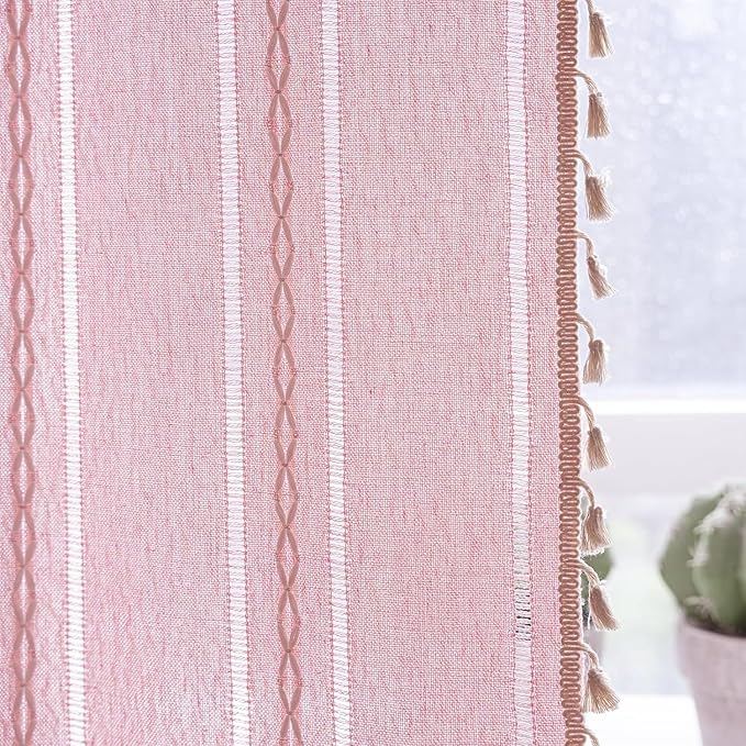 Deeprove Pink Boho Linen Curtains 72 inches Length for Blush Baby Girl Bedroom Living Room Dining Nursery, Hollow Semi Sheer Curtains Darkening Embroidery Drape Window Treatment, 1 Panel W52 x L72
