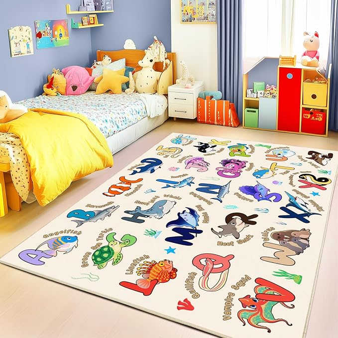 Kids Rugs for Playroom, 8x10 Ft Educational Rug for Learn The ABC Alphabet, Soft Machine Washable Non-Slip Cute Marine Organisms Carpet for Classroom Toddler Nursery Kids Room Decor, Beige