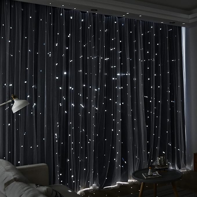 Kinryb Kids Blackout Curtains for Bedroom/Living Room/Classroom, Sheer Overlay 2 Free Tiebacks, Double Layer Curtains with Star Cutout for Kids Room(Each Piece W70xL95 Inches 2 Pcs Stone Blue)