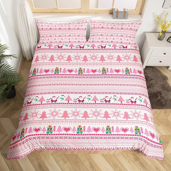 Christmas Comforter Cover Cartoon Santa Claus Snowman Bedding Set Pink Snowflake Christmas Tree Duvet Cover for Kids Boys Girls Microfiber Boho Stripes Bedspread Cover Room Decor Bedclothes Full Size